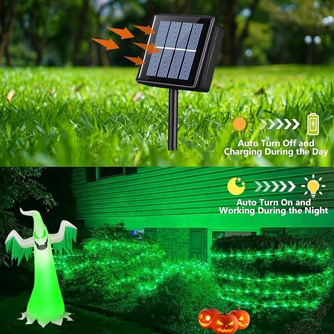 QITONG 4 Pack Green Solar Fairy Lights, Each 33ft 100 LED Halloween Lights Outdoor Waterproof, 8 Modes Silver Wire Christmas String Lights