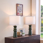24.75" Green Ceramic Table Lamp Set of 2-3-Way Dimmable Nightstand Lamps with Pallid Shade for Bedroom Farmhouse Bedside Nightstand Bedside Lamp End Table Lamps (Dark Green)
