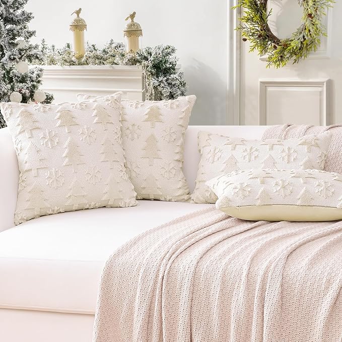 OTOSTAR Set of 2 Xmas Soft Plush Short Wool Velvet Decorative Throw Pillow Covers Square Luxury Style Cushion Case Pillow Shell for Sofa Bedroom Tree and Snowflake Cream Beige, 22x22 Inch