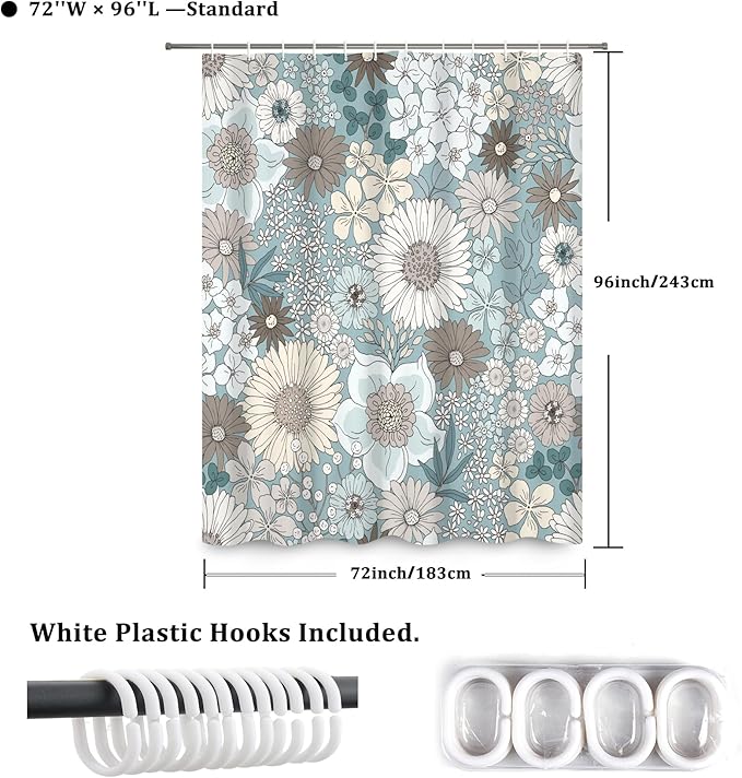 Floral Shower Curtain Rustic Various Floral Plant Curtain for Bathroom Tropical Botanical Farmhouse Waterproof Decor Shower Curtain with Hooks 72x96Inch