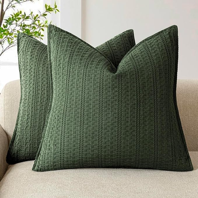Foindtower Set of 2 Decorative Cotton Waffle Weave Throw Pillow Covers Euro Shams Cushion Covers Accent European Pillowcase for Bed Couch Sofa Bedroom Living Room Home Decor 18×18 Inch Dark Green