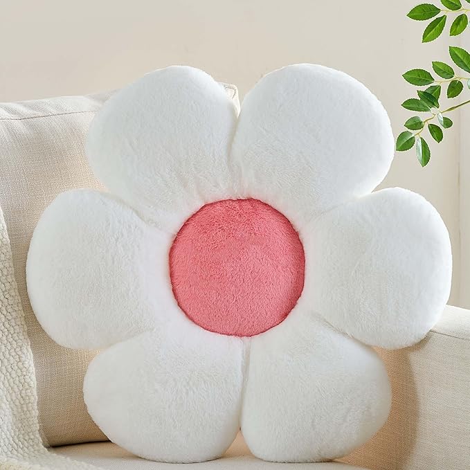 Flower Pillow White Pink 19.68 inch Flower Shaped Throw Pillows Daisy Plush Pillow Floor Pillows Seat Cushion Cute Aesthetic Decorative Throw Pillows for Bed Home Sofa Chair Couch Decor