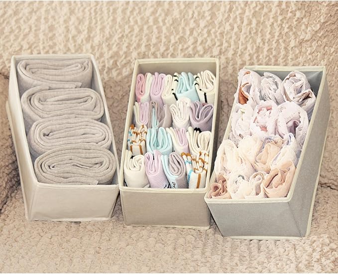 Sock Drawer Organizer 3 Pack Light Gray, 11' Dresser Drawer Dividers for Closet Wardrobe, Small Fabric Storage Bins for Underwear Bra Baby Clothes