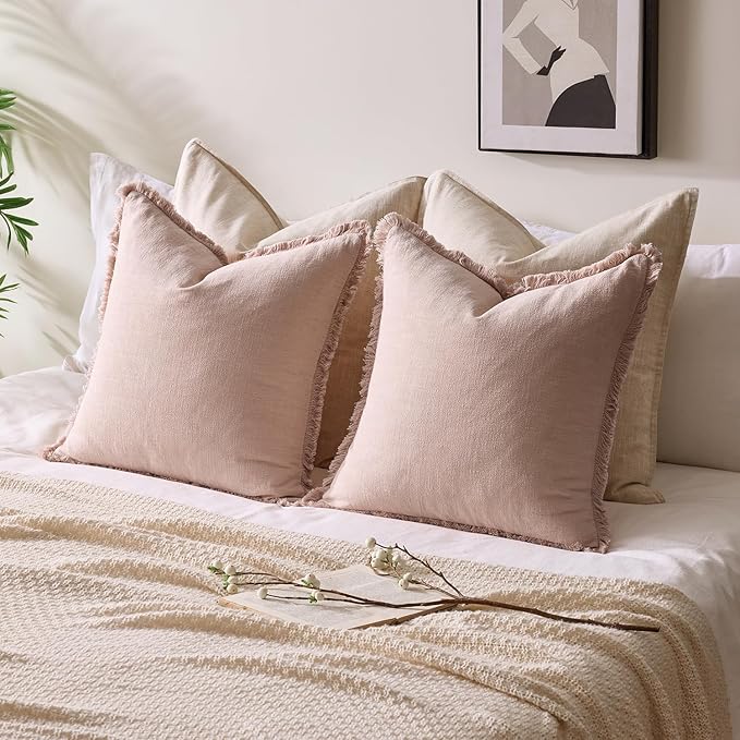 Woaboy Decorative Linen Fringe Throw Pillow Covers Boho Farmhouse Soft Cushion Covers Accent Pillowcases with Tassels for Living Room Couch Sofa Bed Chair,18x18 Inch Set of 2,Light Pink