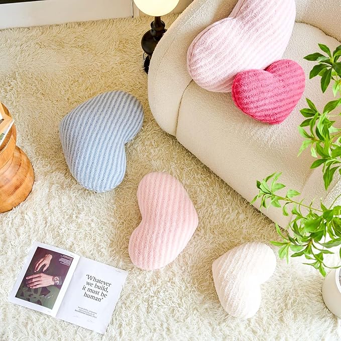 Hot Pink Heart Pillows, 15.7" Cute Heart Decorative Pillow, Stripe Heart Shaped Plush Throw Pillows for Bed