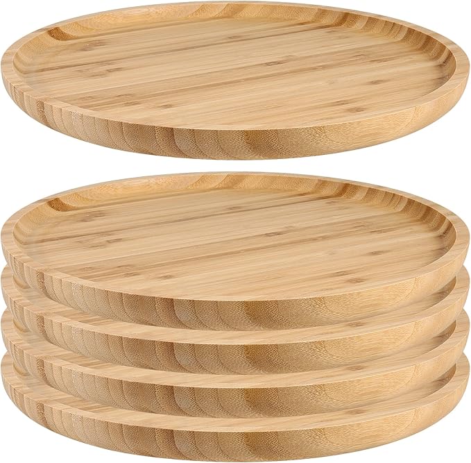 JOIKIT 5 Pack 8 Inch 20cm Bamboo Round Platter, Fine Polished Round Wood Plates Bamboo Serving Tray for Holding Fruit, Bread, Cheese, Nut, Coffee, Tea, Plant Saucer