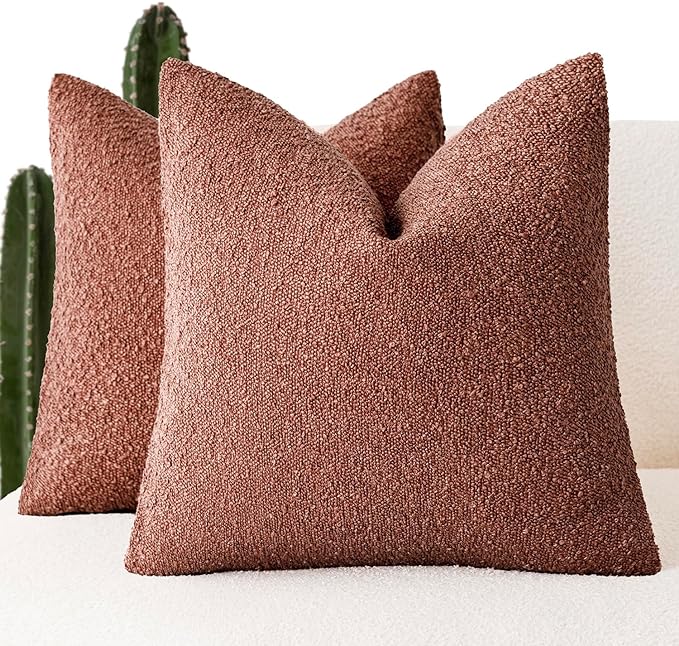 Foindtower Set of 2, Decorative Textured Boucle Throw Pillow Covers Accent Solid Pillow Cases Neutral Cozy Couch Cushion Case for Chair Sofa Bedroom Living Room Home Decor 24x24 Inch Orange Rust Red