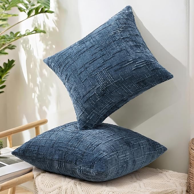 decorUhome Navy Blue Chenille Throw Pillow Covers 16x16 Set of 2 Thick Textured Slubby Couch Pillow Covers Farmhouse Accent Modern Neutral Decorative Pillow Cases for Bed Sofa Living Room