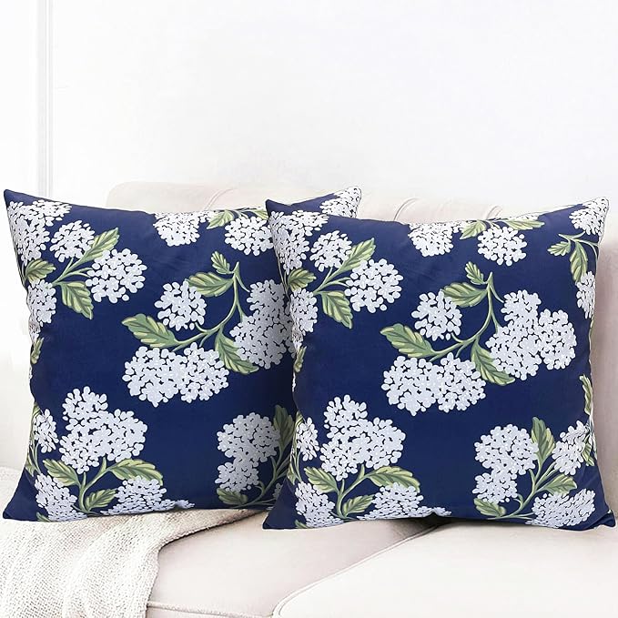 Decorative Throw Pillow Covers Set of 2 Blue Hydrangea Pillow Covers 16x16 inch Super Soft Short Plush Square Floral Throw Pillows,Farmhouse Outdoor Pillow Covers for Couch Living Room