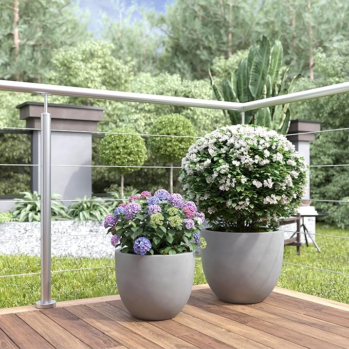DTY Signature Mount Belford Lightweight and Durable Modern Fiberstone Egg Shaped Planter for Indoor Outdoor Drainage Hole & Rubber Plug Weather Resistant, 12" H x 15" Dia, 12.8" Opening - Medium, Gray