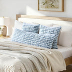 Boho Chenille Tufted Pillow Cover 14x36 Inch Set of 1, Farmhouse Striped Decorative Pillow Covers Accent Fluffy Neutral Long Body Bolster Pillow for Couch Sofa Bedroom Living Room, Blue White