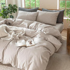 MooMee Bedding Duvet Cover Set 100% Washed Cotton Linen Like Textured Breathable Durable Soft Comfy (Solid Light Tan, Oversized King Plus 128"x120")