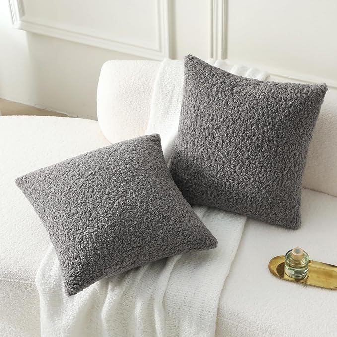 FUTEI Dark Grey Throw Pillow Covers 16x16 Inch Set of 2,Furry Faux Fur Teddy Boucle Textured Cushion Covers,Soft Fluffy Decorative Pillow Case,Home Decor for Couch Bed Living Room Office Car