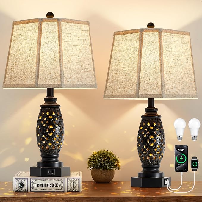 Table Lamps Set of 2-23.5" Vintage Bedside Lamp with USB A+C and Nightlight - Black Carved Resin Retro Desk Lamp for Bedrooms, End Tables, Living Room, Bulbs Included