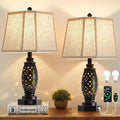 Table Lamps Set of 2-23.5" Vintage Bedside Lamp with USB A+C and Nightlight - Black Carved Resin Retro Desk Lamp for Bedrooms, End Tables, Living Room, Bulbs Included