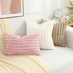 decorUhome Faux Fur Throw Pillow Covers 12x20 Set of 2, Decorative Soft Plush Striped Lumbar Neutral Couch Euro Pillow Covers with Velvet Back for Sofa, Bed, Living Room Home Decor, Pink