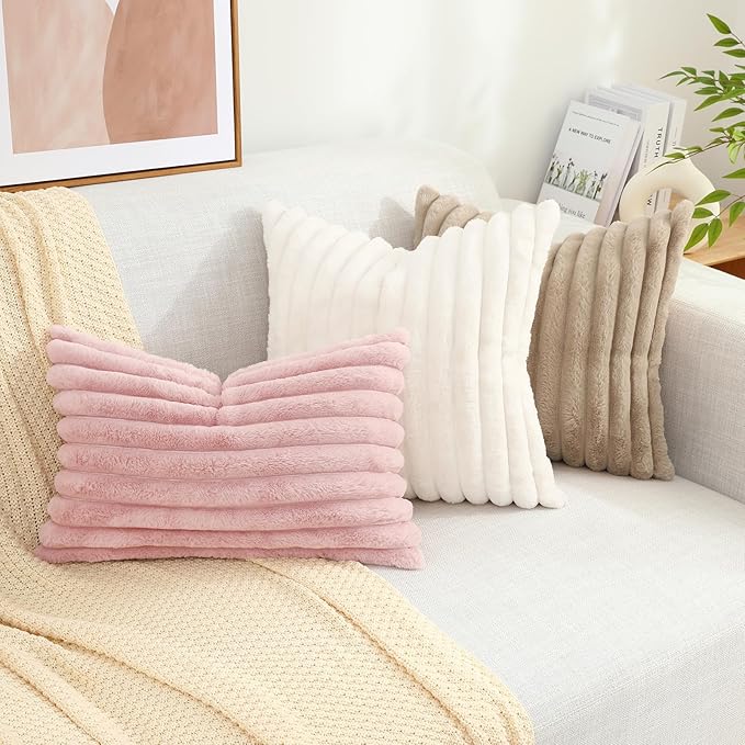 decorUhome Faux Fur Throw Pillow Covers 12x20 Set of 2, Decorative Soft Plush Striped Lumbar Neutral Couch Euro Pillow Covers with Velvet Back for Sofa, Bed, Living Room Home Decor, Pink