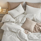 MooMee Striped Duvet Cover Set 100% Washed Cotton Linen Like Textured Breathable Durable Soft Comfy (White Sage Green Wide Stripes, King 104"x90")