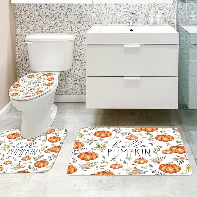 MEHOFOND 4pcs Hello Pumpkin Floral Shower Curtain Set,Fall Eucalyptus Leaves Pink Flower Shower Curtain Sets,Autumn Thanksgiving Festival Holiday Bathroom Bath Decor Curtains with Hooks 72 x72Inch