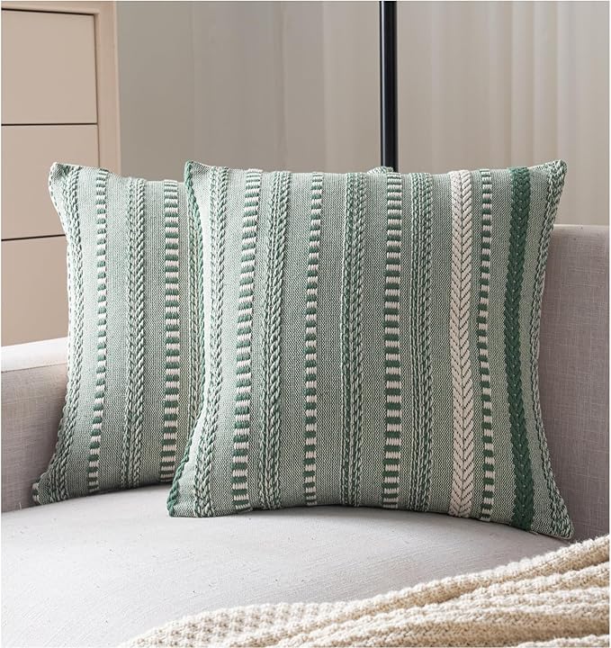 Boho Throw Pillow Covers 18x18 Inch Set of 2, Farmhouse Decorative Couch Pillow Cases, Light Green Accent Pillows of Bed, Sofa Bedroom Living Room Home Decor Cushion Cover
