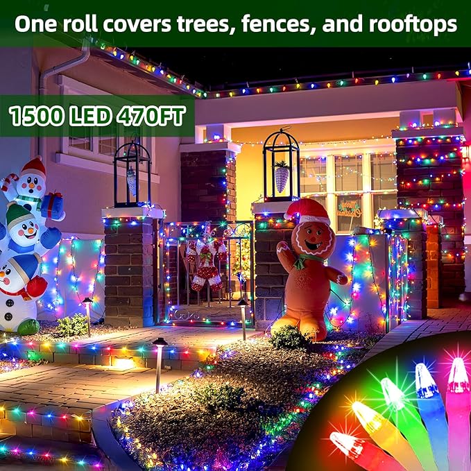 1500 LED Chrstmas Lights, 470ft Outdoor Christmas String Lights with 12 Modes, Multicolor LED String Lights with Timer Dimmable Waterproof for Tree Fence Garden Xmas Wedding Party Holiday Decorations