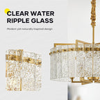 Gold Crystal Chandeliers for Dining Room 6-Light, 22” Modern Water Ripple Glass Light Fixture, Farmhouse Round Lighting for Kitchen Island, Bar Table