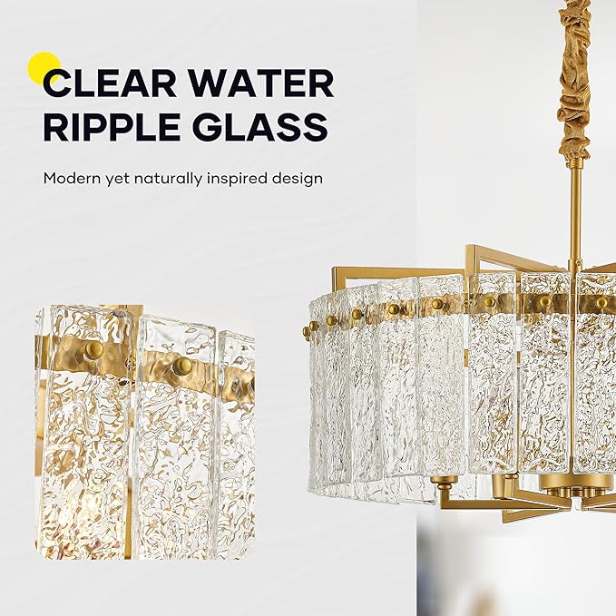 Gold Crystal Chandeliers for Dining Room 6-Light, 22” Modern Water Ripple Glass Light Fixture, Farmhouse Round Lighting for Kitchen Island, Bar Table