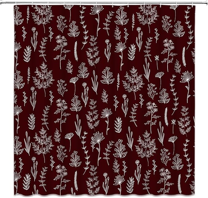 Burgundy Red Botanical Shower Curtain Vintage Herbs Floral Farmhouse Cute Boho Leaves Plant Retro Flowers Bathroom Curtain Set with Hooks(70" Wx78 H)