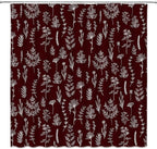 Burgundy Red Botanical Shower Curtain Vintage Herbs Floral Farmhouse Cute Boho Leaves Plant Retro Flowers Bathroom Curtain Set with Hooks(70" WX70 H)