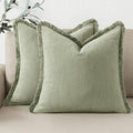 Woaboy Decorative Linen Fringe Throw Pillow Covers Boho Farmhouse Soft Cushion Covers Accent Pillowcases with Tassels for Living Room Couch Sofa Bed Chair,18x18 Inch Set of 2,Sage Green