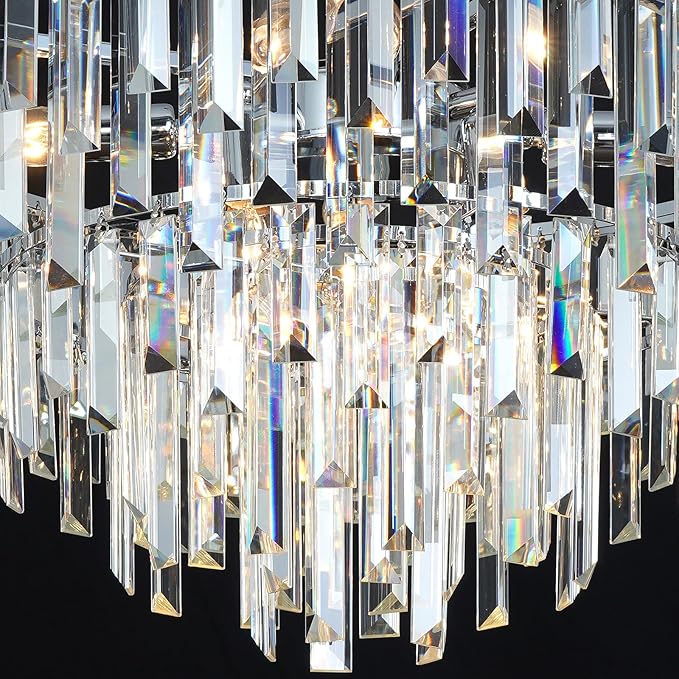 Chrome Crystal Chandelier for Dining Room, 24" Modern Round Chandeliers 5-Tier 8 Lights Adjustable Ceiling Light Fixture K9 Raindrop Crystal Pendant Lamp for Living Room Bedroom Foyer