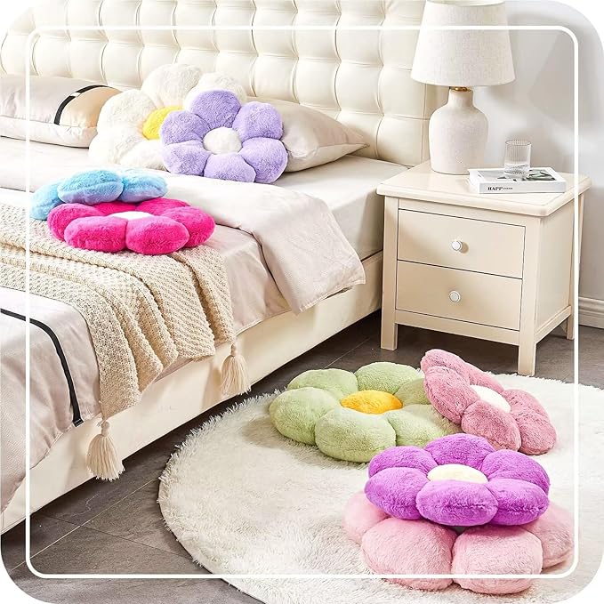 White Flower Pillow, 17.7" Flower Shaped Plush Decorative Throw Pillow for Bed