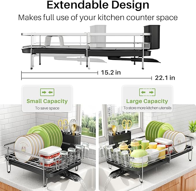 Dish Drying Rack, Expandable Dish Rack for Kitchen Counter, Stainless Steel Dish Drainer with Utensil & Cup Holder 13.8"-22.6" L x 12.1" W (Silver)