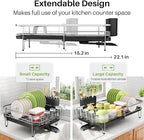Dish Drying Rack, Expandable Dish Rack for Kitchen Counter, Stainless Steel Dish Drainer with Utensil & Cup Holder 13.8"-22.6" L x 12.1" W (Silver)