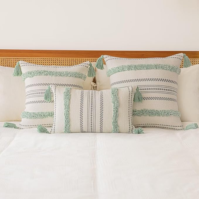 Boho Throw Pillow Covers 12x20 Set of 2 Woven Tufted Farmhouse Pillows Cover with Tassels Textured Striped Cushion Case Lumbar Pillow Cases Decorative Pillowcase for Sofa, Couch, Bed, Light Green