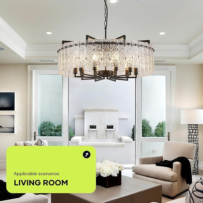 Black Crystal Chandeliers for Dining Room 10-Light, 29.5” Modern Water Ripple Glass Light Fixture, Farmhouse Round Lighting for Kitchen Island, Bar Table