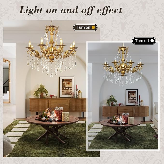 Luxury Copper Crystal Chandelier, 30" Vintage K9 Crystal Pendant Light with 8 Lights, Antique Brass Finish Ceiling Light Fixture with Scrolled Arms for Dining Room Living Room Foyer Villa Hotel
