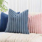 decorUhome Faux Fur Throw Pillow Covers 16x16 Set of 2, Decorative Soft Plush Striped Neutral Couch Euro Pillow Covers with Velvet Back for Sofa, Bed, Living Room Home Decor, Grey Blue