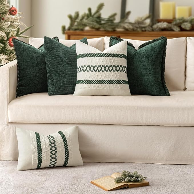 MIULEE Pack of 2 Christmas Pillow Covers 24x24 Inch Dark Green Farmhouse Decorative Throw Pillow Covers with Stitched Edge Soft Chenille Solid Dyed Couch Pillow Covers for Sofa Bed Living Room