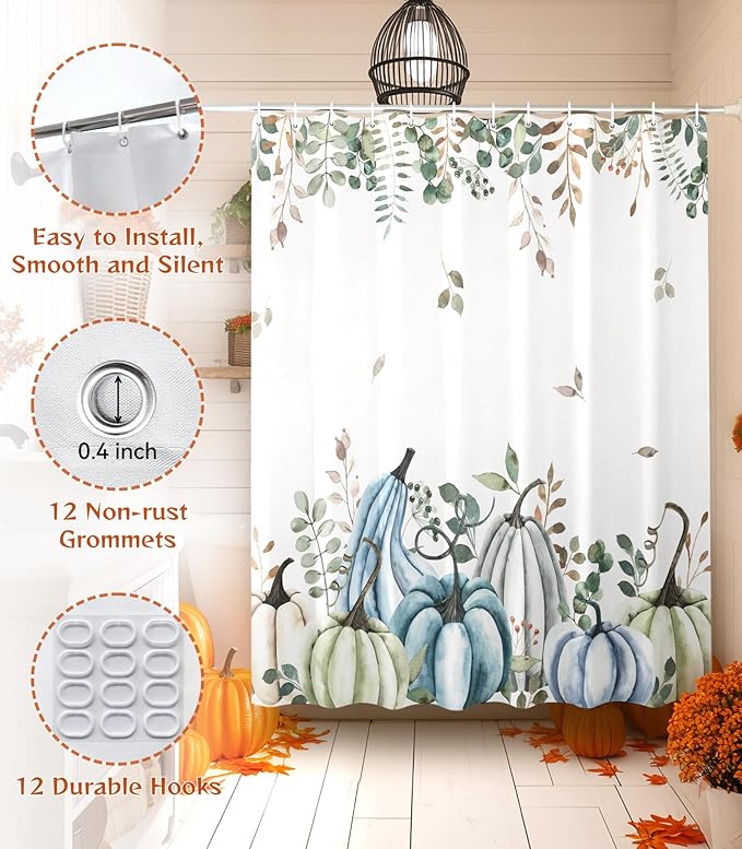 MAMUSE Fall Shower Curtain for Bathroom Stall Cute Decorative Waterproof Unique Design TeenWomen Cortinas de Baño Bathtub 72 x72 Inch, Blue Pumpkins