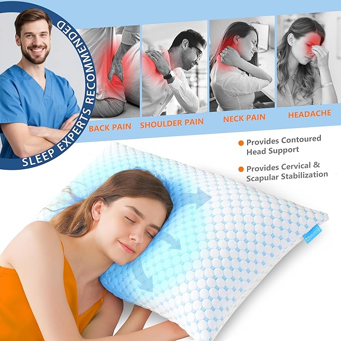 Cooling Memory Foam Pillows for Sleeping Firm and Soft, Queen Size Set of 2, Original Adjustable Pillows for Side, Back or Stomach Sleepers (2, Blue, Queen)