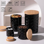 Sweejar Ceramic Canisters Sets for Kitchen Countertop, Relief Food Storage Jar with Bamboo Lid, Stackable Container for Flour, Coffee, Pasta, Cereal, Tea, Cookies, Sugar, Spices, Pack of 4 (Black)