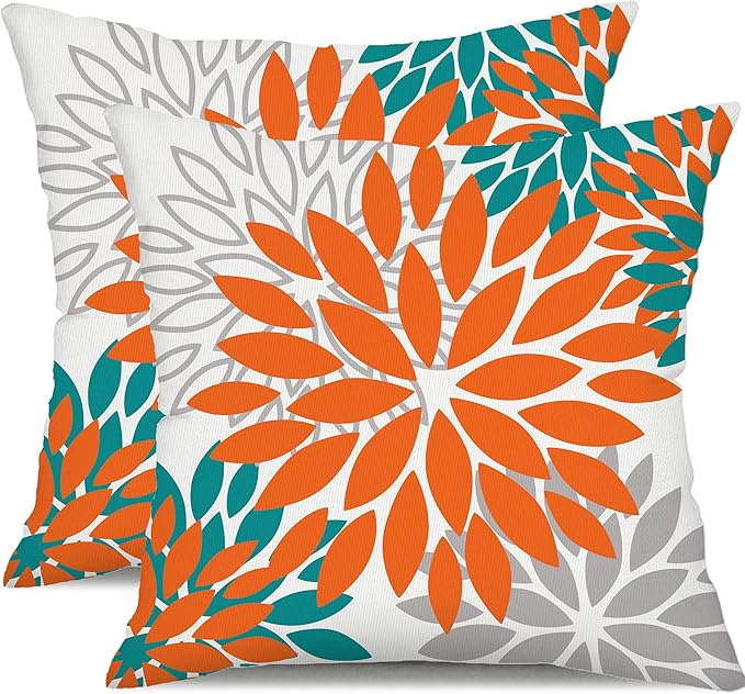 DFXSZ Orange Flower Pillow Covers 16x16 Inch Set of 2 Fall Throw Pillows Outdoor Waterproof Decor for Living Room Sofa Patio Funiture Garden Floral Polyester Pillow Cover 002N16
