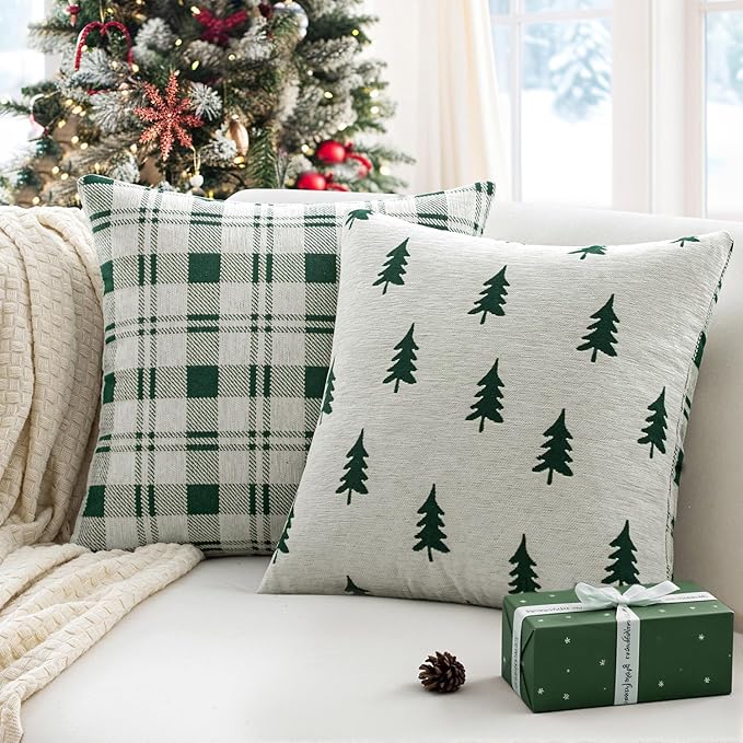 MIULEE Christmas Decorative Chenille Throw Pillow Covers, 20x20 Inch, White Dark Green Tree, Set of 2 Cute Trees with Plaid Patterns Pillows for Sofa Couch Bedroom Chair Xmas Home Decor