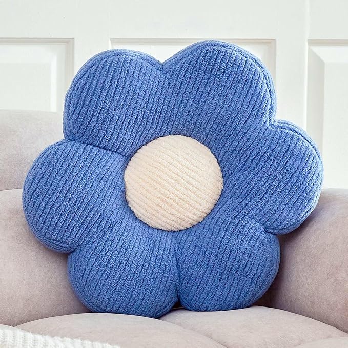Flower Pillow, Cute Daisy Decorative Pillow for Bed, Soft Home Decor Floor Seating Cushion (Blue, 19.6 Inches)