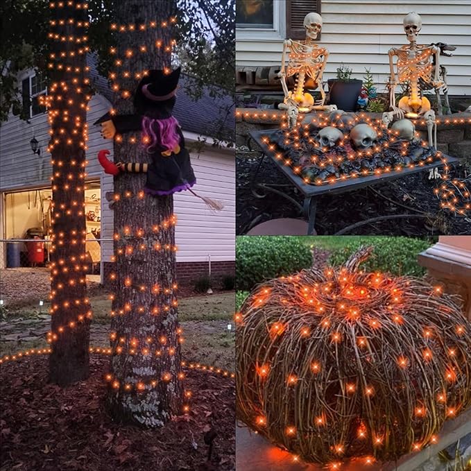 QITONG 4 Pack Orange Solar Fairy Lights, Each 33ft 100 LED Halloween Lights Outdoor Waterproof, 8 Modes Copper Wire Mini String Lights