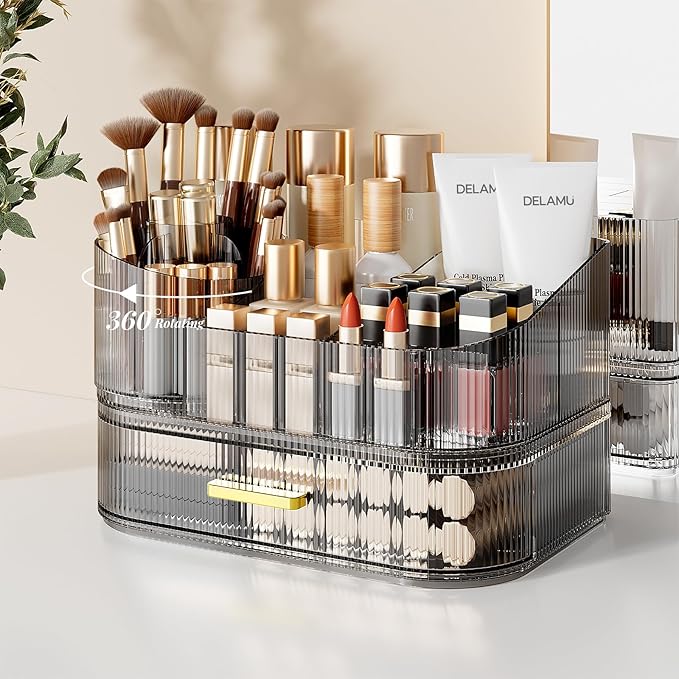 Delamu Makeup Organizer for Vanity with Stackable Drawers, 360 Rotating Makeup Brush Holder Large Cosmetic Display Case for Dresser, Bathroom Countertop Skincare Organizers and Storage, Crystal Black