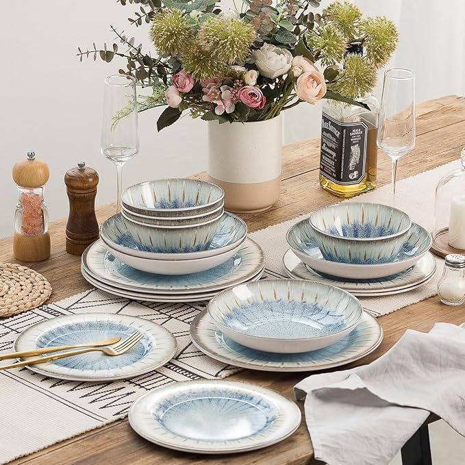 MissYip Melamine Dinnerware Set, 16 Piece for 4, Unbreakable Kitchen Plastic Plates and Bowls set, Indoor and Outdoor Use Tableware, BPA Free, Dishwasher Safe, Not Microwave, Not Oven(Blue)