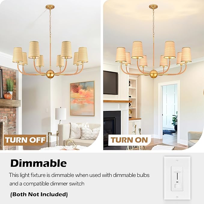 39" Gold Boho Rattan Chandelier for Living Room 8-Light Large Coastal Boho Pendant Light Fixture Bedroom Adjustable Rustic Farmhouse Chandeliers for Dining Room Kitchen Island Foyer