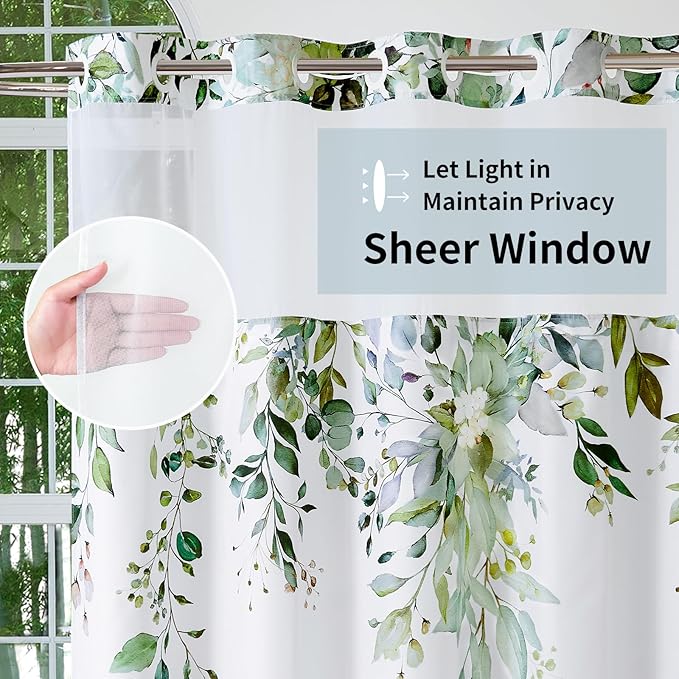 QiyI No Hook Shower Curtain with Snap in Fabric Liner, Sage Green Eucalyptus Shower Curtain with See Through Top Window, Waterproof Washable Cloth Ringless Shower Curtain Set for Bathroom, 36 x 75